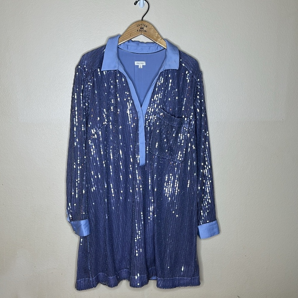 Pilcro Long Sleeve Sequin Mini Shirt Dress Blue Womens Size XL Collard Neckline - Picture 5 of 12